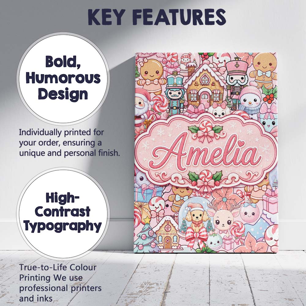 Personalised Name Cute Kawaii Christmas Custom Modern Room Accent Elegant Feature Canvas Wall Art Print Decor Picture Ready to Hang