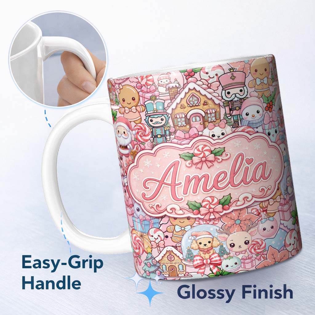 Personalized Custom Name Cute Kawaii Christmas Gingerbread Puppy Candy Gift Seamless Pattern 11oz Ceramic Coffee Tea Mug White Large Handle