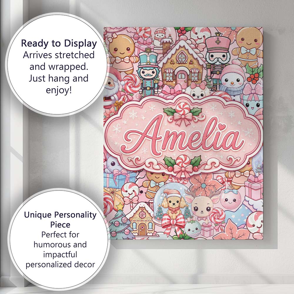 Personalised Name Cute Kawaii Christmas Custom Modern Room Accent Elegant Feature Canvas Wall Art Print Decor Picture Ready to Hang
