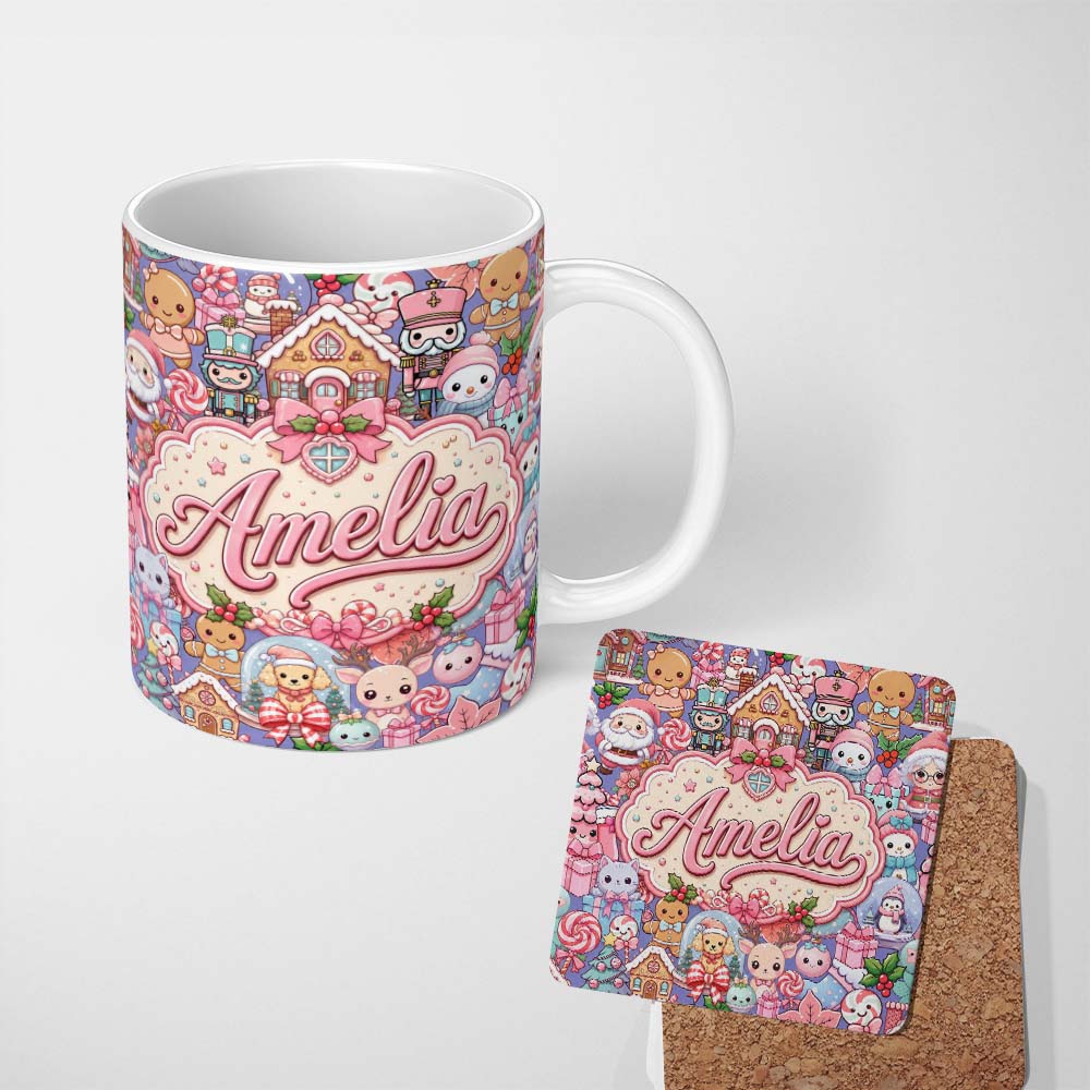 Personalized Custom Name Cute Kawaii Christmas Gingerbread Festive Treats Seamless Pattern 11oz Ceramic Coffee Tea Mug White Large Handle