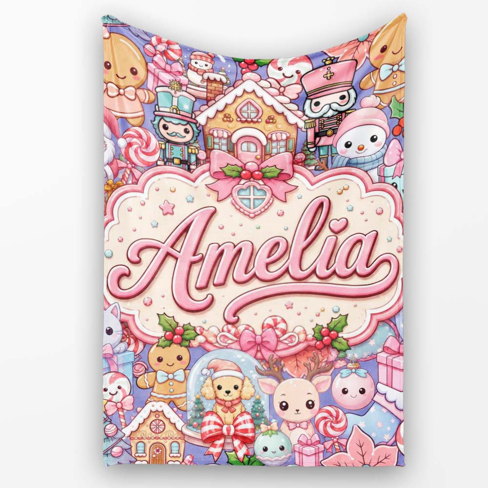 Cute Kawaii Christmas Gingerbread Festive Treats Seamless Pattern Personalised Custom Name Super Soft Fleece Blanket Bed Sofa Throw