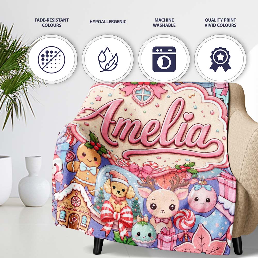 Cute Kawaii Christmas Gingerbread Festive Treats Seamless Pattern Personalised Custom Name Super Soft Fleece Blanket Bed Sofa Throw