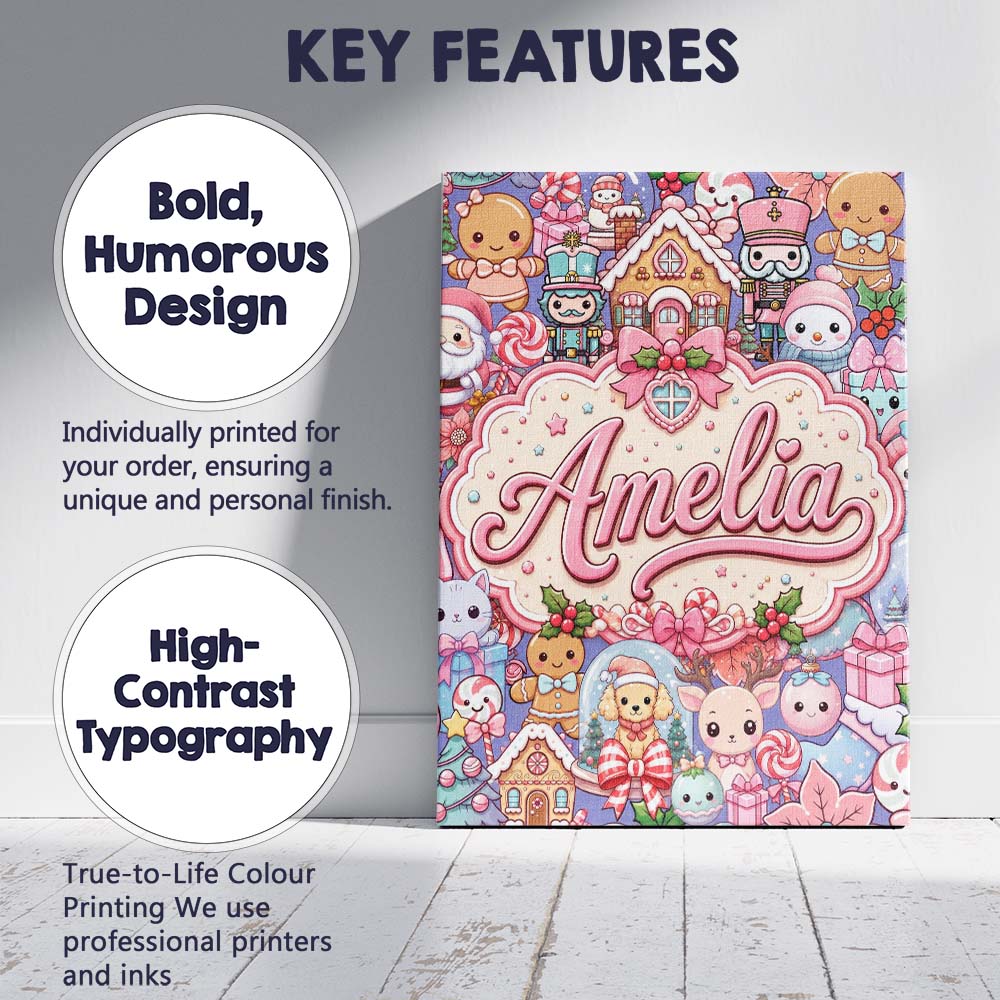 Personalised Name Cute Kawaii Christmas Custom Modern Room Accent Elegant Feature Canvas Wall Art Print Decor Picture Ready to Hang