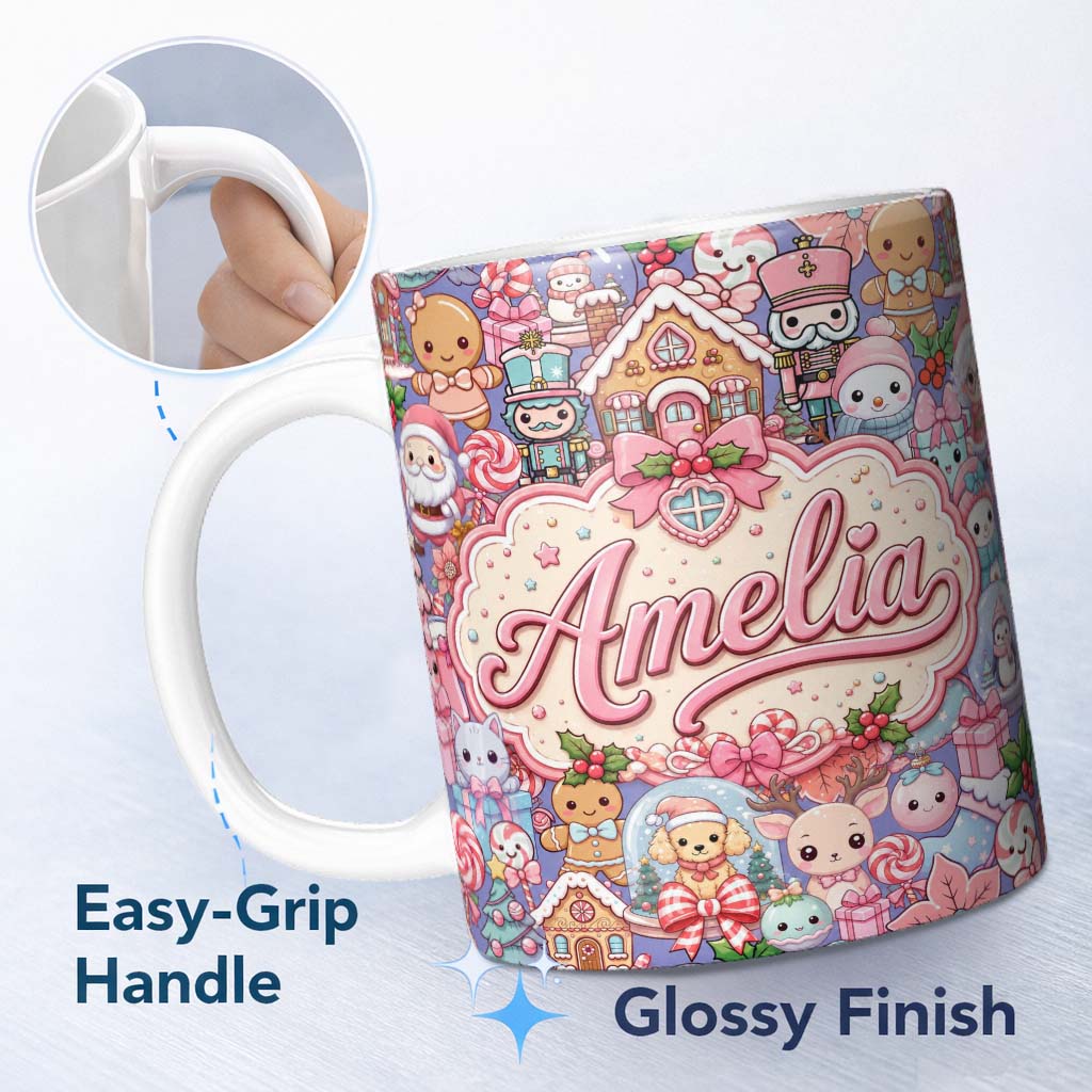 Personalized Custom Name Cute Kawaii Christmas Gingerbread Festive Treats Seamless Pattern 11oz Ceramic Coffee Tea Mug White Large Handle