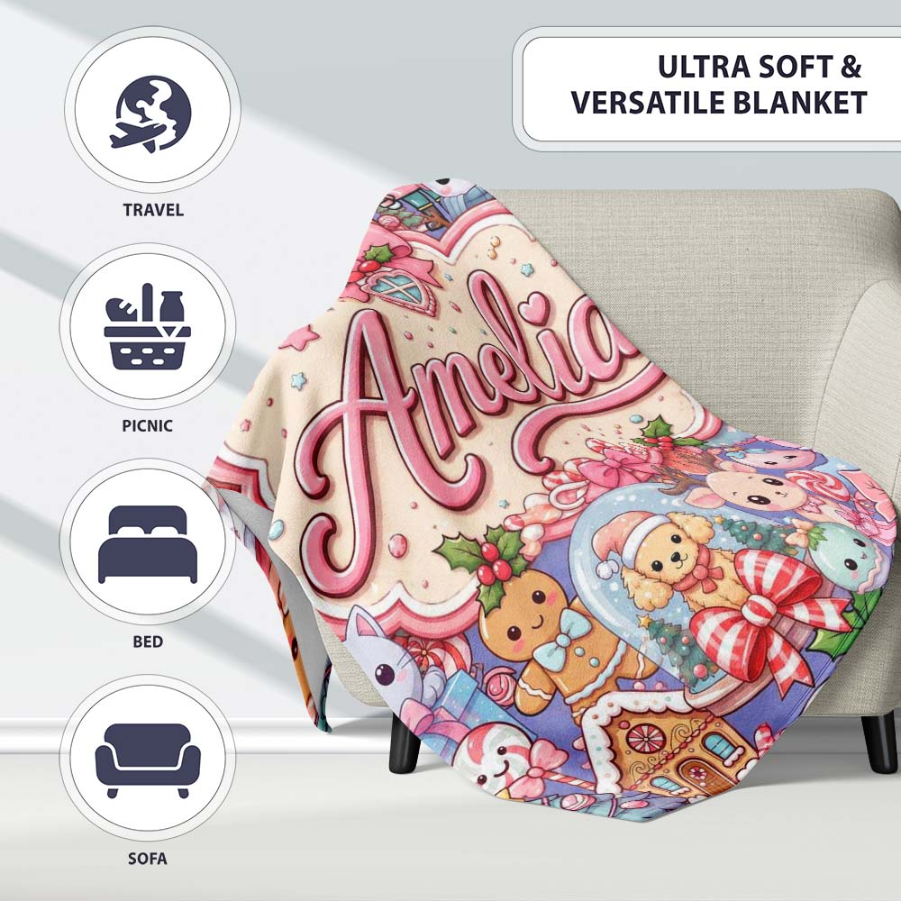 Cute Kawaii Christmas Gingerbread Festive Treats Seamless Pattern Personalised Custom Name Super Soft Fleece Blanket Bed Sofa Throw