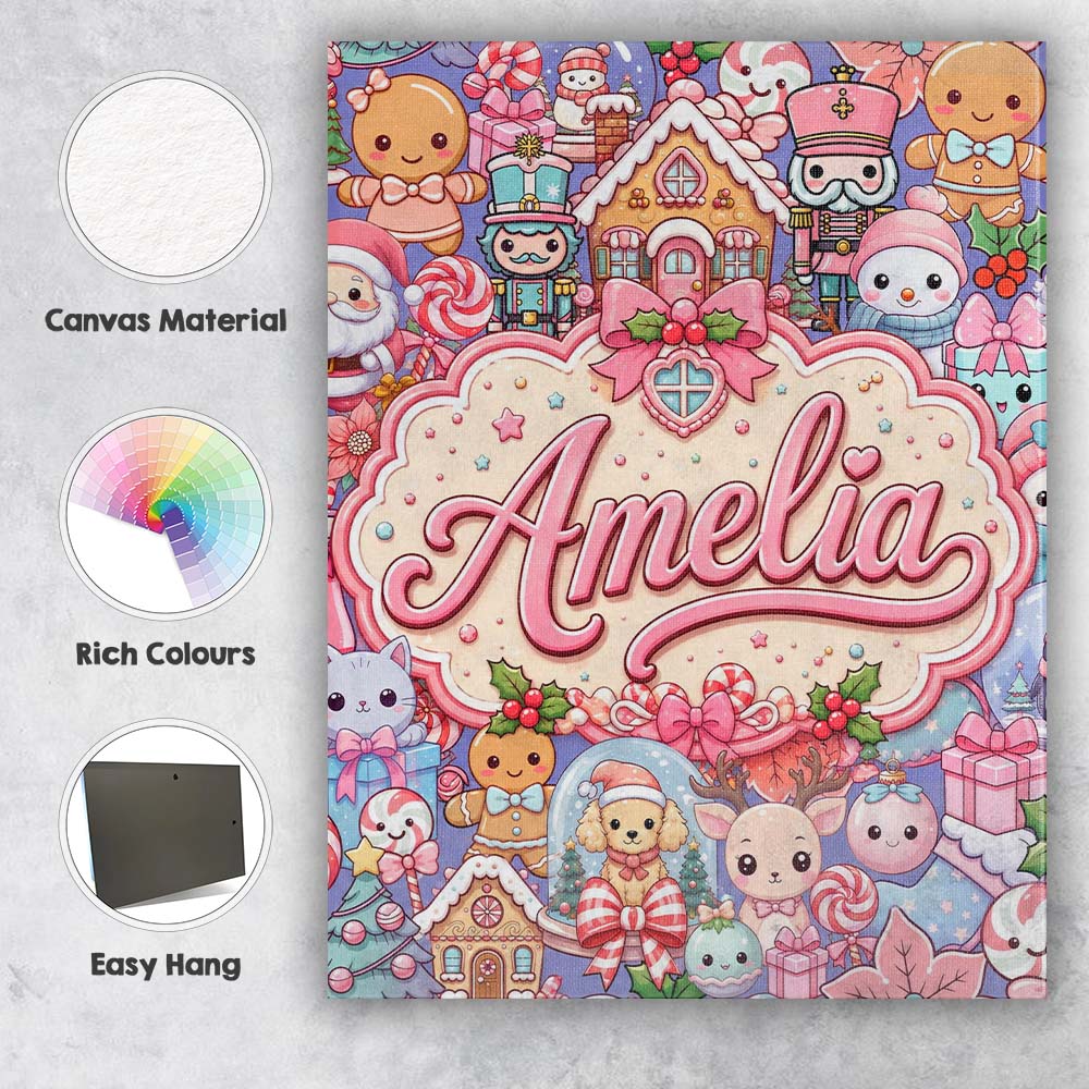 Personalised Name Cute Kawaii Christmas Custom Modern Room Accent Elegant Feature Canvas Wall Art Print Decor Picture Ready to Hang