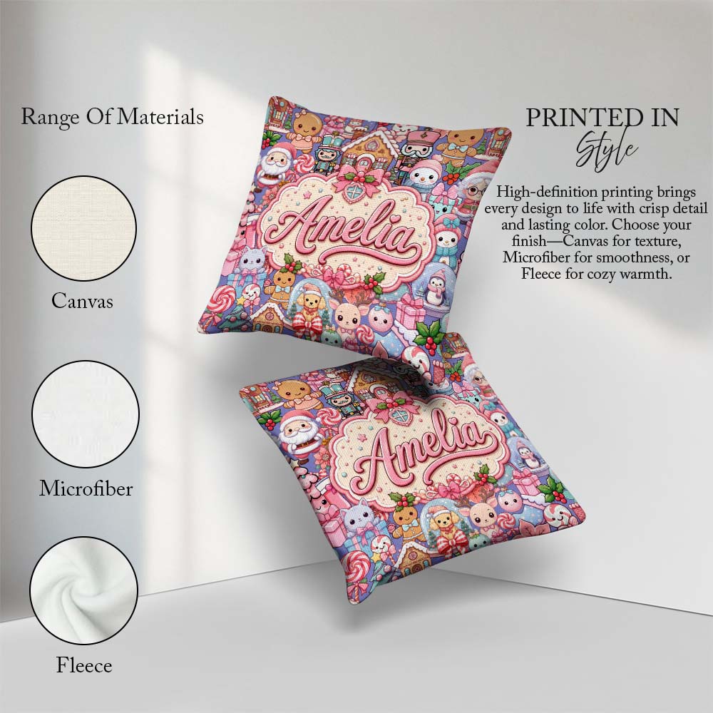 Custom Name Kawaii Christmas Gingerbread Festive Treats Seamless Square Filled Cushion Throw Pillow Sofa Bed Home Decor Zip Washable UK Made