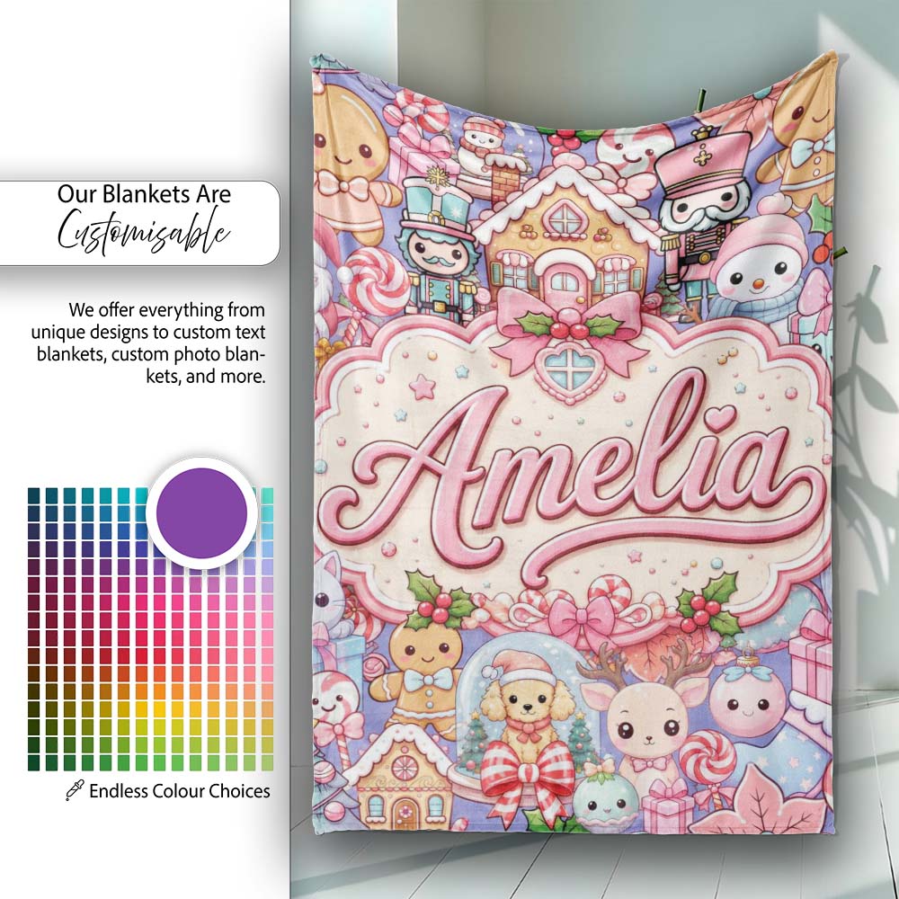 Cute Kawaii Christmas Gingerbread Festive Treats Seamless Pattern Personalised Custom Name Super Soft Fleece Blanket Bed Sofa Throw