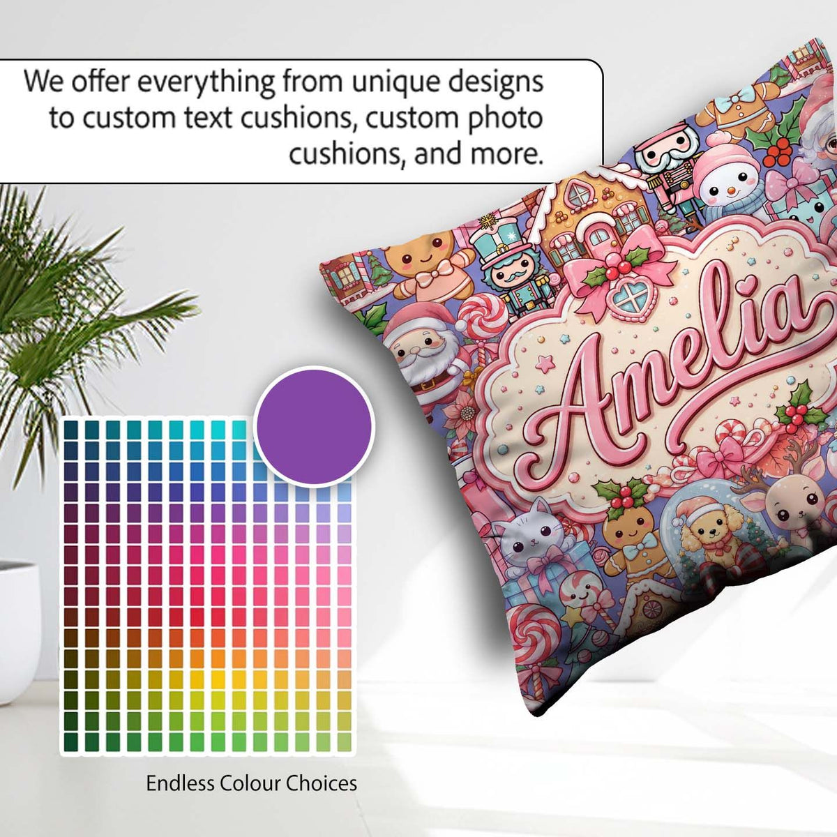 Custom Name Kawaii Christmas Gingerbread Festive Treats Seamless Square Filled Cushion Throw Pillow Sofa Bed Home Decor Zip Washable UK Made