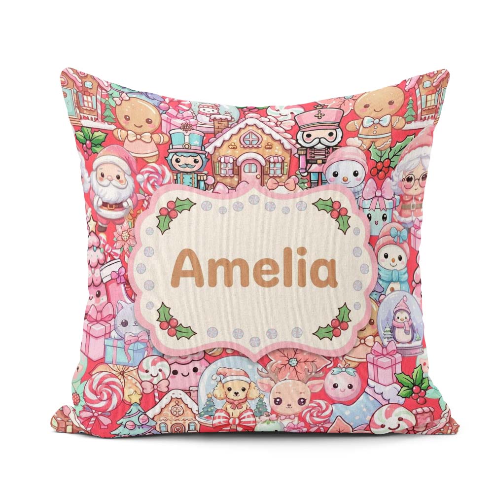 Custom Name Kawaii Gingerbread Candy Characters Festive Seamless Square Filled Cushion Throw Pillow Sofa Bed Home Decor Zip Washable UK Made