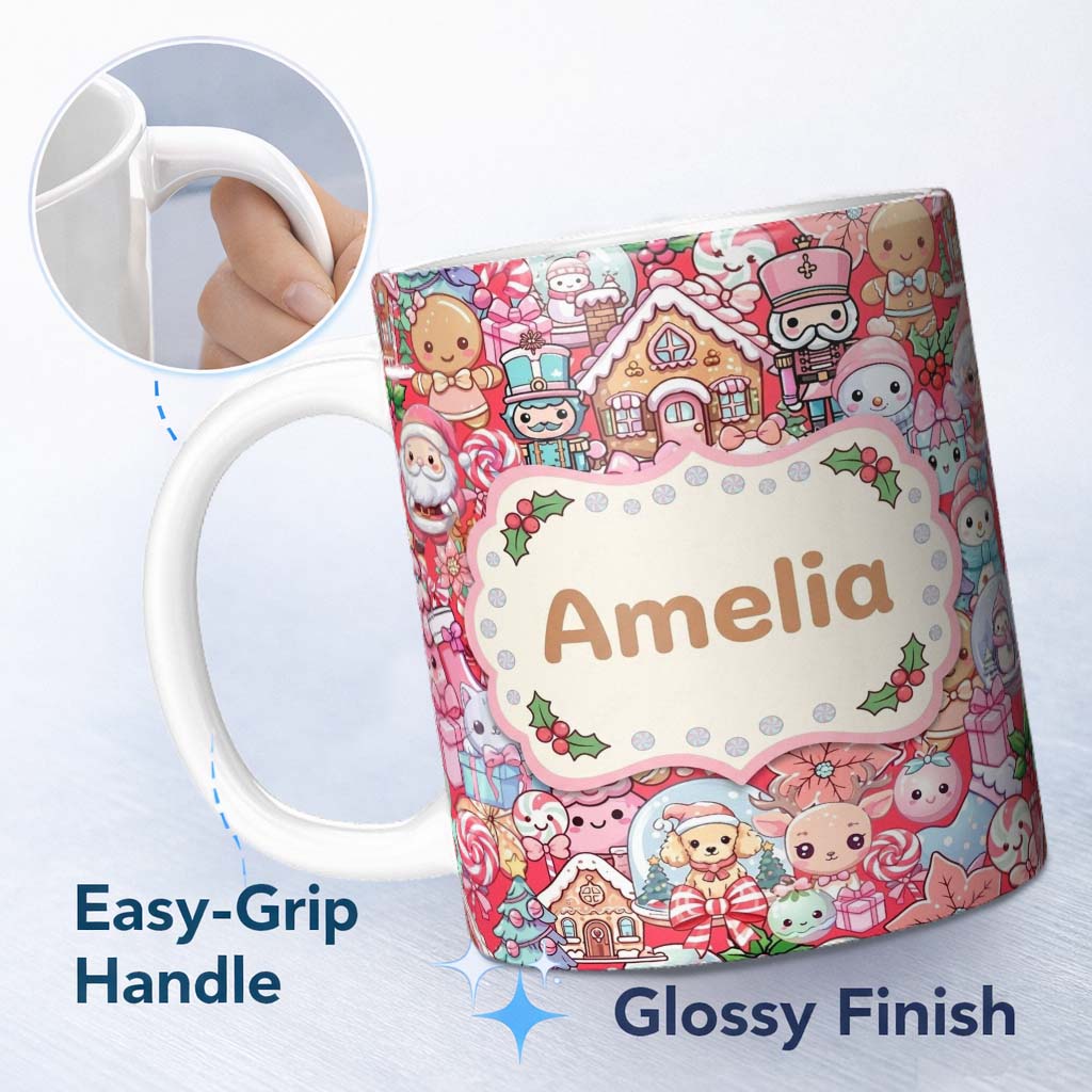 Personalized Custom Name Cute Kawaii Christmas Gingerbread Candy Characters Festive Seamless 11oz Ceramic Coffee Tea Mug White Large Handle