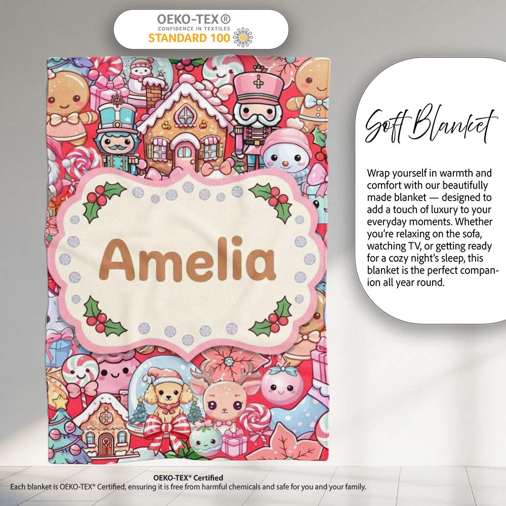 Cute Kawaii Christmas Gingerbread Candy Characters Festive Seamless Personalised Custom Name Super Soft Fleece Blanket Bed Sofa Throw