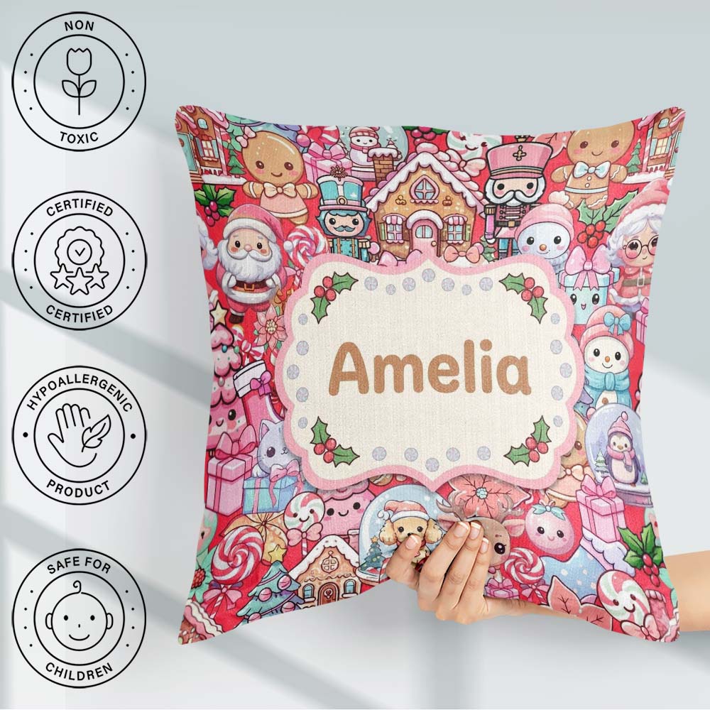 Custom Name Kawaii Gingerbread Candy Characters Festive Seamless Square Filled Cushion Throw Pillow Sofa Bed Home Decor Zip Washable UK Made