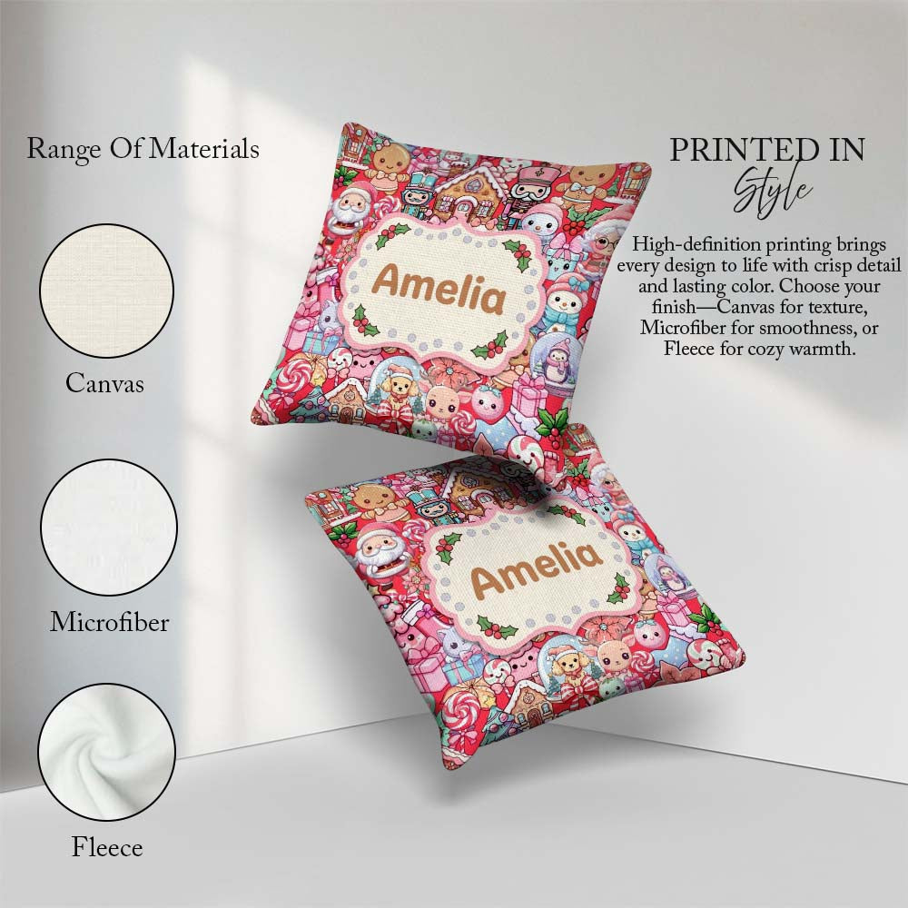 Custom Name Kawaii Gingerbread Candy Characters Festive Seamless Square Filled Cushion Throw Pillow Sofa Bed Home Decor Zip Washable UK Made