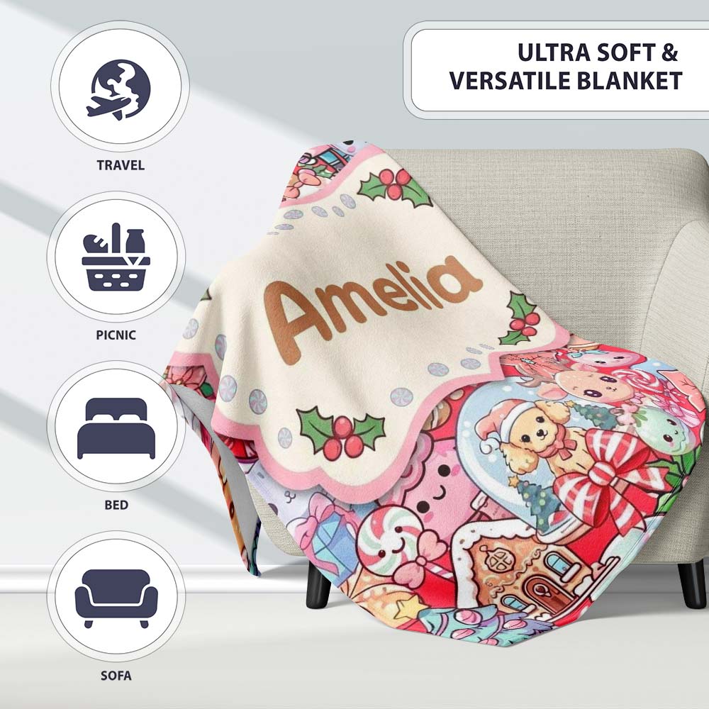 Cute Kawaii Christmas Gingerbread Candy Characters Festive Seamless Personalised Custom Name Super Soft Fleece Blanket Bed Sofa Throw