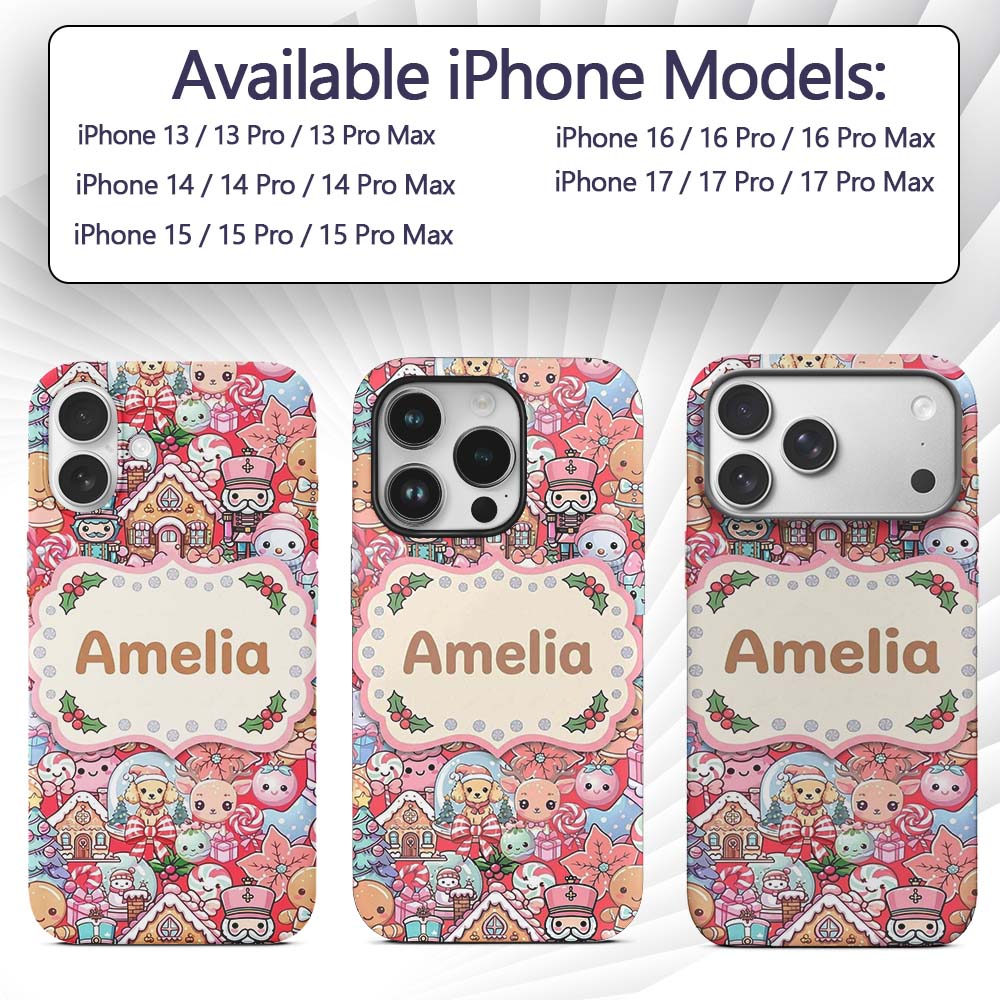 Cute Kawaii Christmas Gingerbread Printed Design Custom Name Protective Phone Case Mobile Cover Durable Everyday Smartphone Shock Resistant