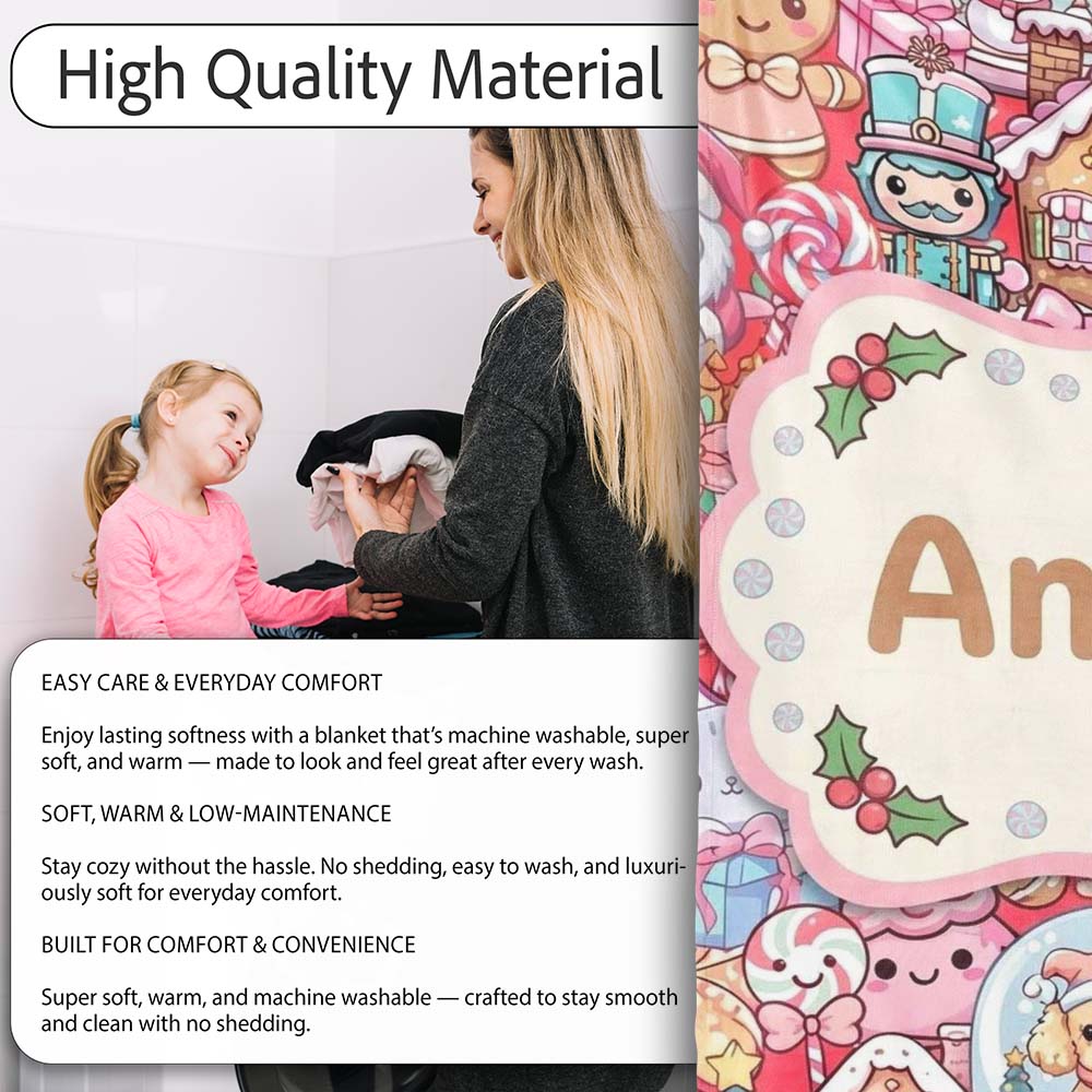 Cute Kawaii Christmas Gingerbread Candy Characters Festive Seamless Personalised Custom Name Super Soft Fleece Blanket Bed Sofa Throw