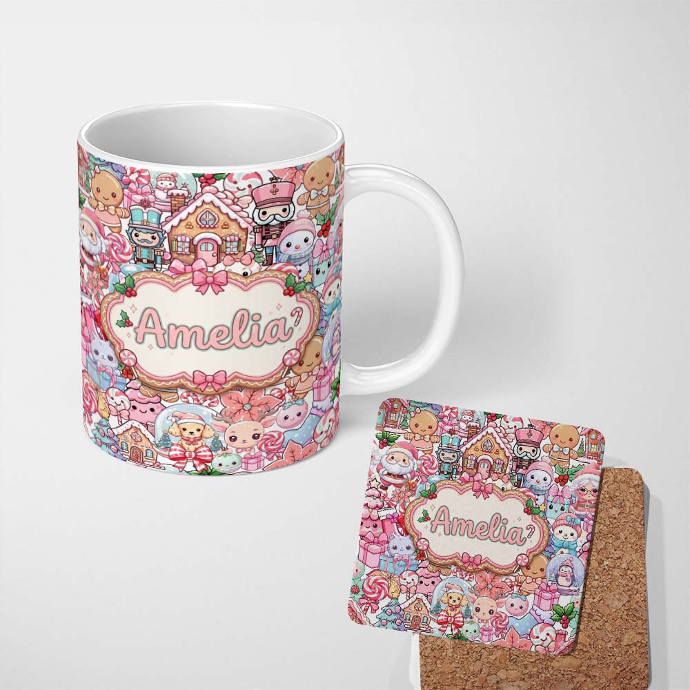 Personalized Custom Name Cute Kawaii Christmas Gingerbread Candy Characters Soft White 11oz Ceramic Coffee Tea Mug White Large Handle