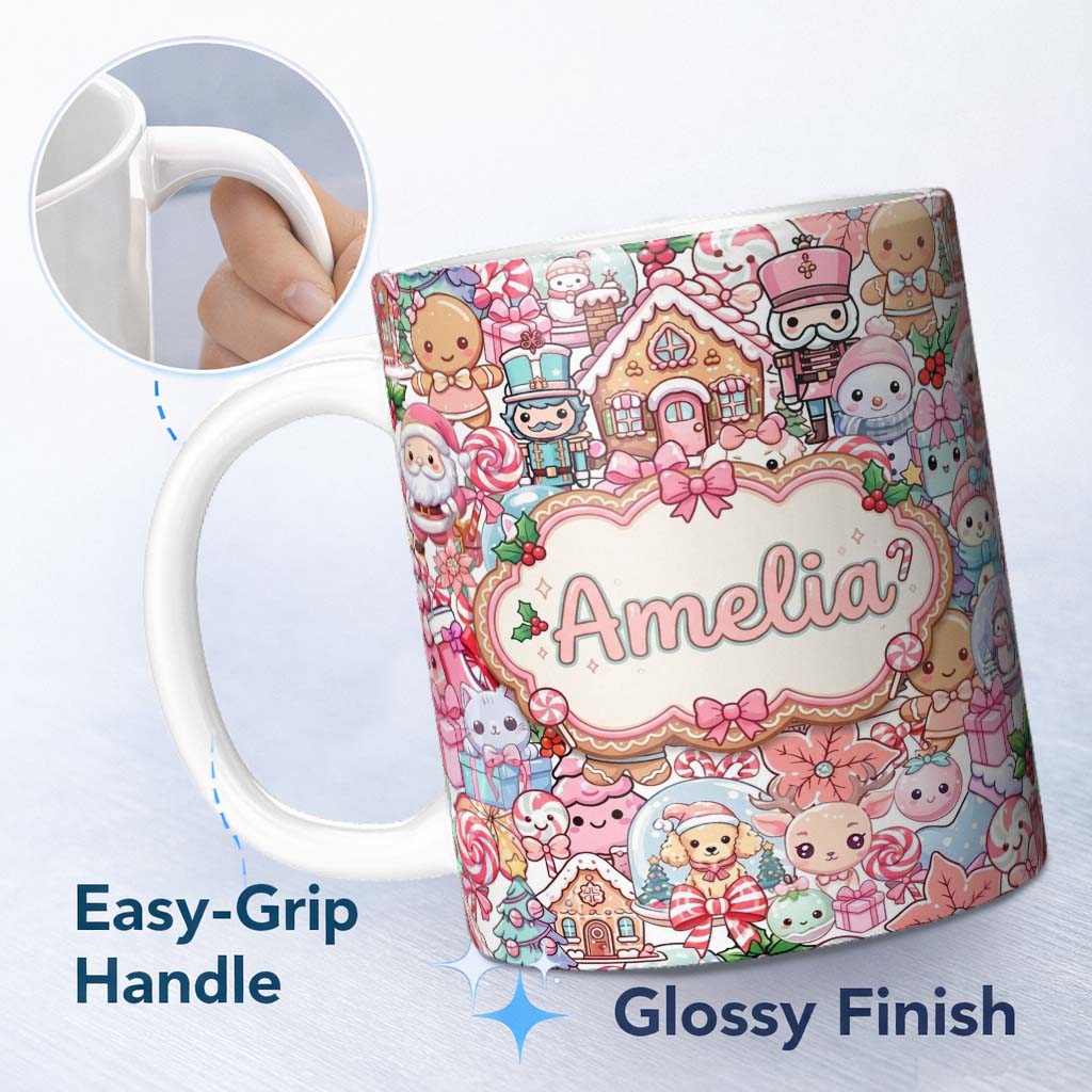 Personalized Custom Name Cute Kawaii Christmas Gingerbread Candy Characters Soft White 11oz Ceramic Coffee Tea Mug White Large Handle