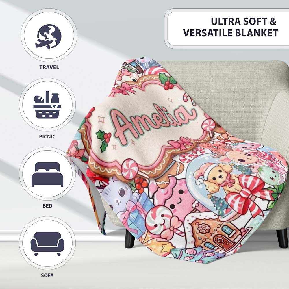 Cute Kawaii Christmas Gingerbread Candy Characters Soft White Personalised Custom Name Super Soft Fleece Blanket Bed Sofa Throw