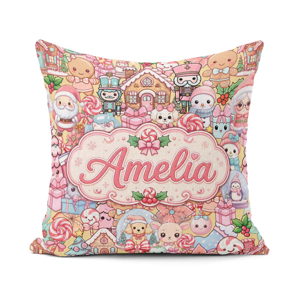 Custom Name Cute Kawaii Gingerbread Candy Characters Warm Beige Square Filled Cushion Throw Pillow Sofa Bed Home Decor Zip Washable UK Made
