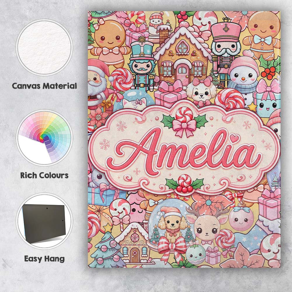 Personalised Name Cute Kawaii Christmas Custom Modern Room Accent Elegant Feature Canvas Wall Art Print Decor Picture Ready to Hang