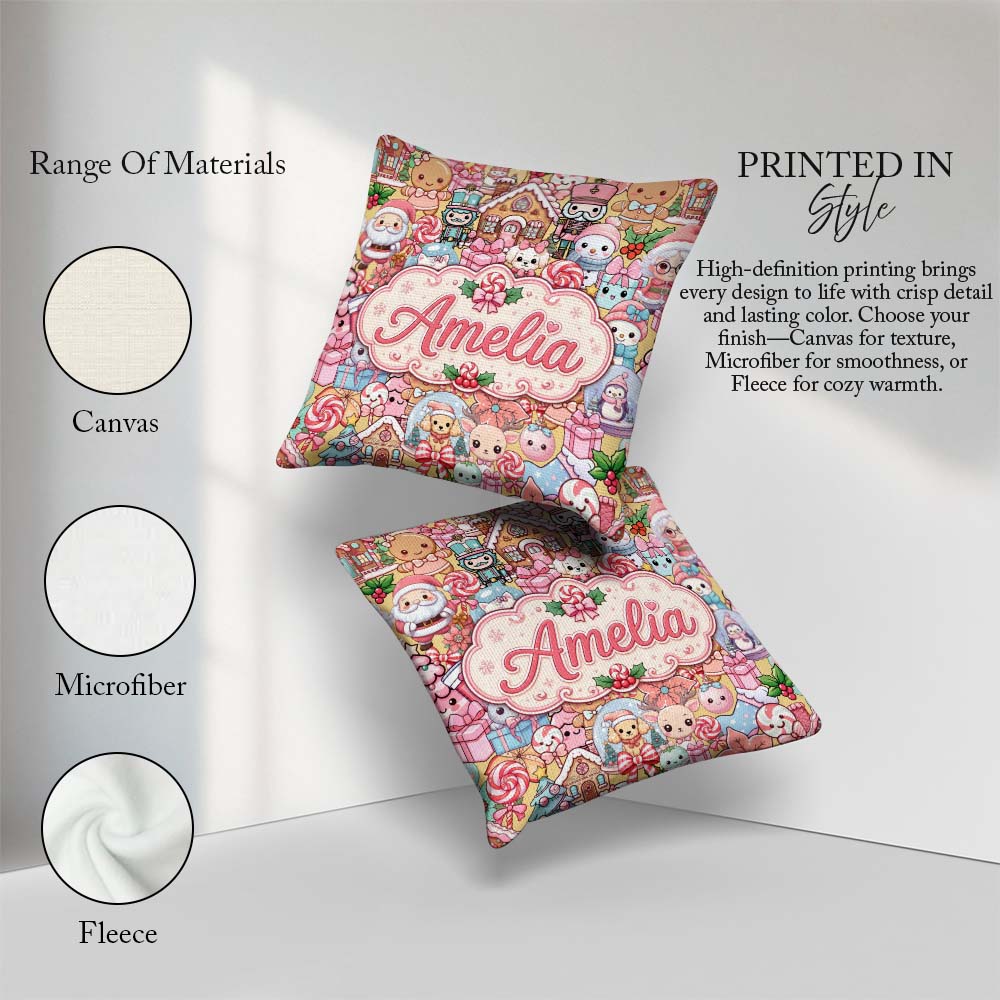 Custom Name Cute Kawaii Gingerbread Candy Characters Warm Beige Square Filled Cushion Throw Pillow Sofa Bed Home Decor Zip Washable UK Made
