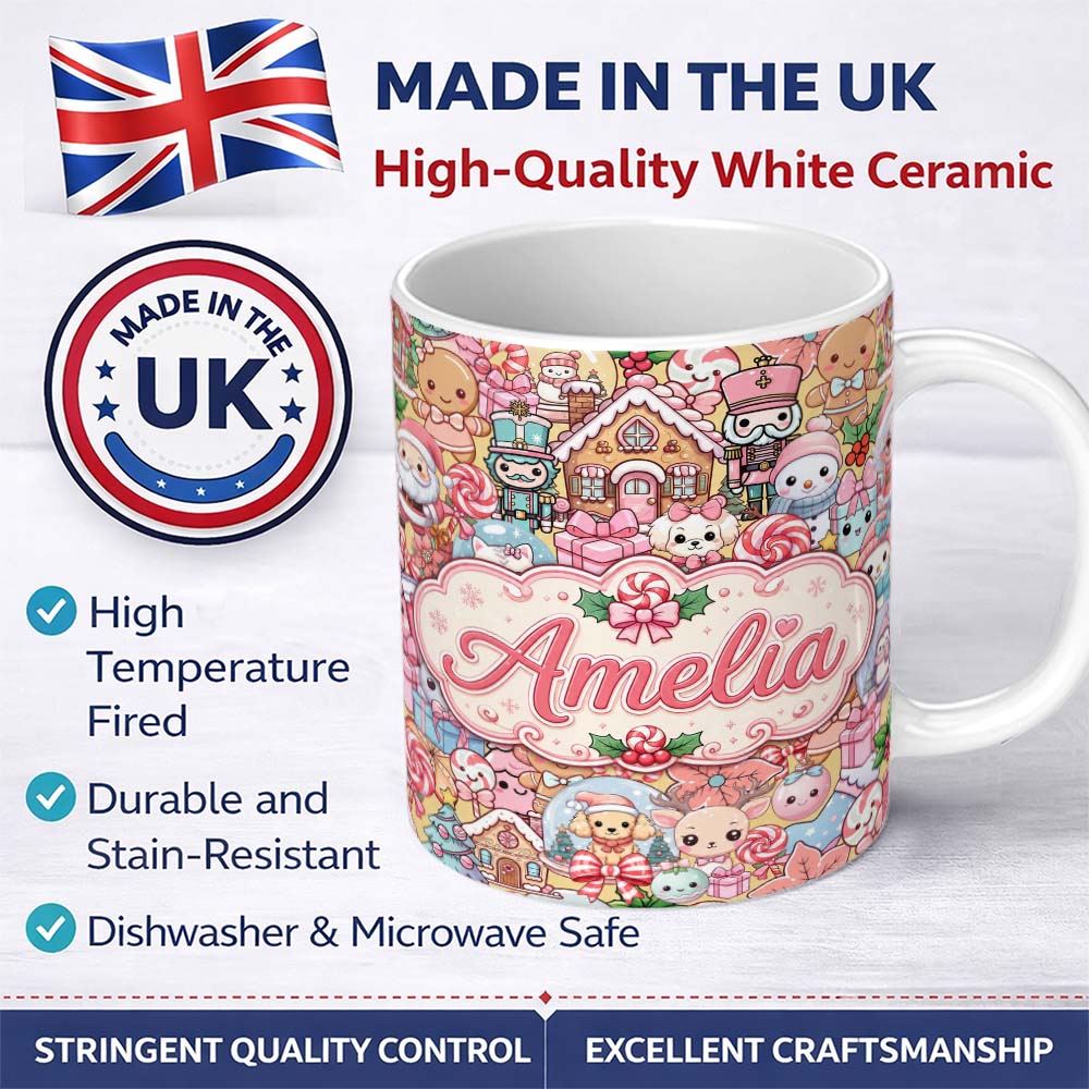 Personalized Custom Name Cute Kawaii Christmas Gingerbread Candy Characters Warm Beige 11oz Ceramic Coffee Tea Mug White Large Handle