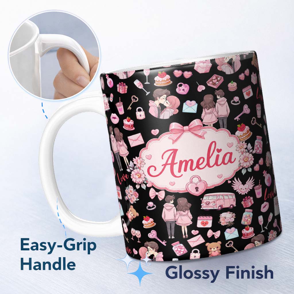 Personalized Custom Name Cute Love Couple Gifts Cakes Teddy Bear Seamless Pattern Black 11oz Ceramic Coffee Tea Mug White Large Handle