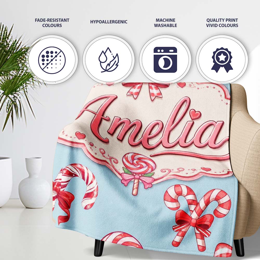 Cute Christmas Candy Cane Ribbon Bow Blue Background Seamless Personalised Custom Name Super Soft Fleece Blanket Bed Sofa Throw