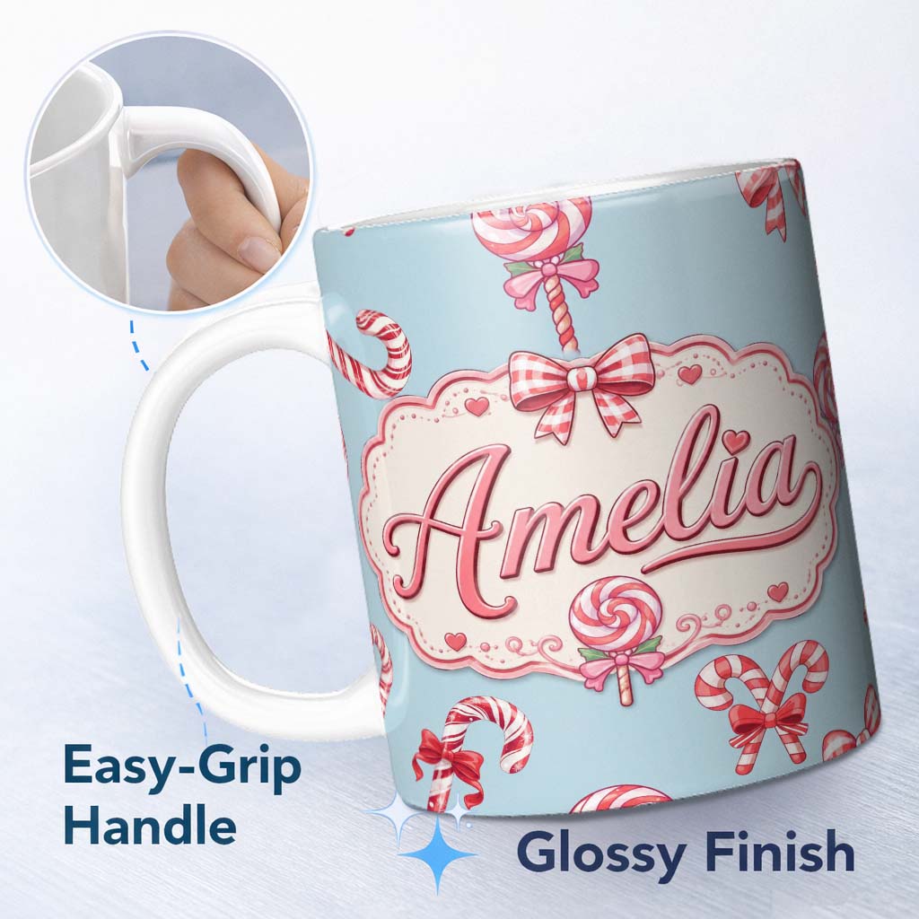 Personalized Custom Name Cute Christmas Candy Cane Ribbon Bow Blue Background Seamless 11oz Ceramic Coffee Tea Mug White Large Handle