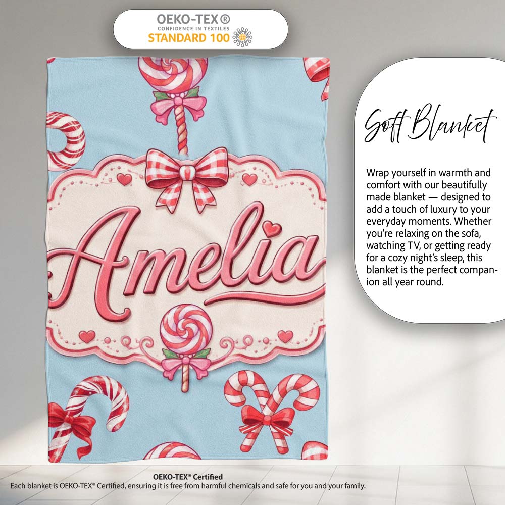 Cute Christmas Candy Cane Ribbon Bow Blue Background Seamless Personalised Custom Name Super Soft Fleece Blanket Bed Sofa Throw