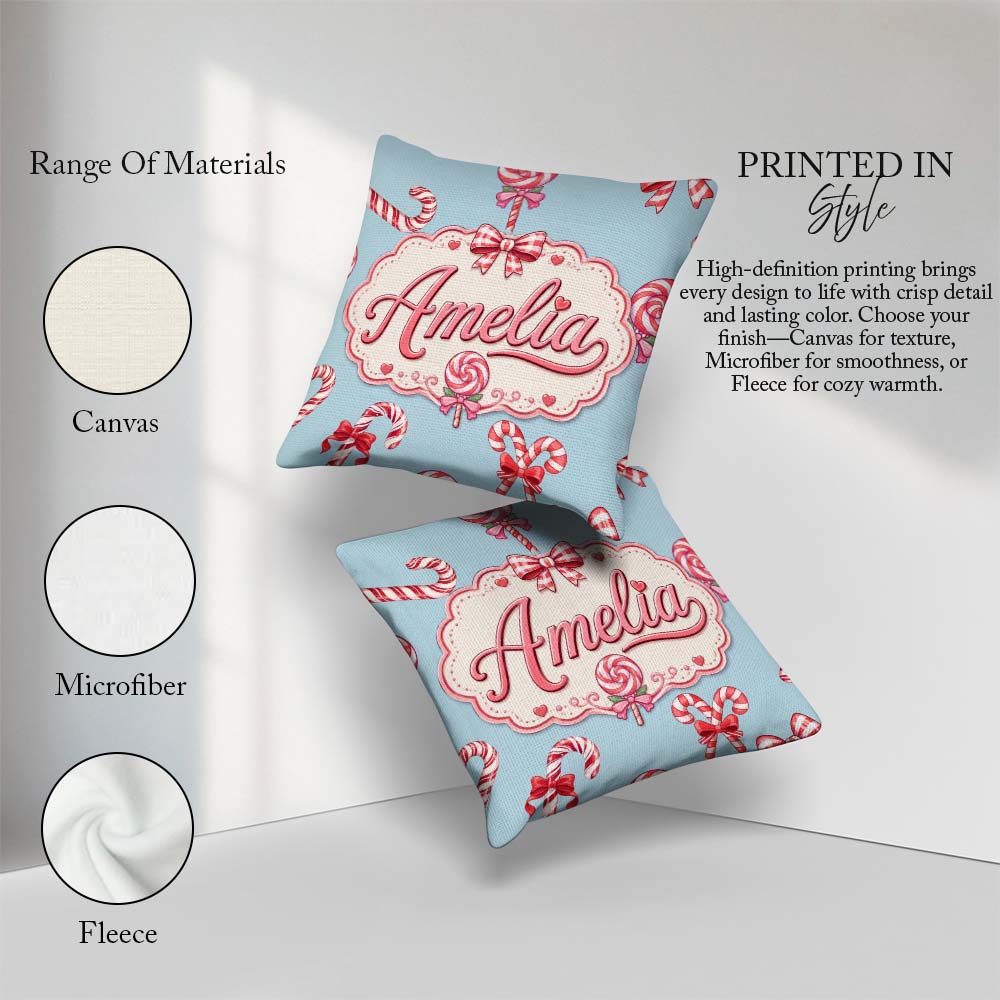 Custom Name Cute Christmas Candy Cane Ribbon Bow Blue Background Square Filled Cushion Throw Pillow Sofa Bed Home Decor Zip Washable UK Made