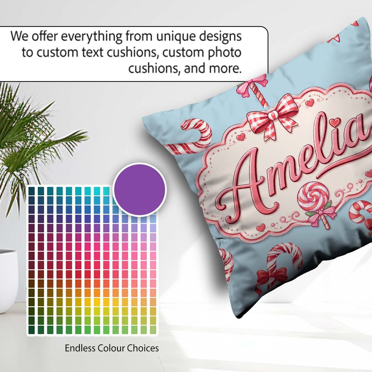 Custom Name Cute Christmas Candy Cane Ribbon Bow Blue Background Square Filled Cushion Throw Pillow Sofa Bed Home Decor Zip Washable UK Made