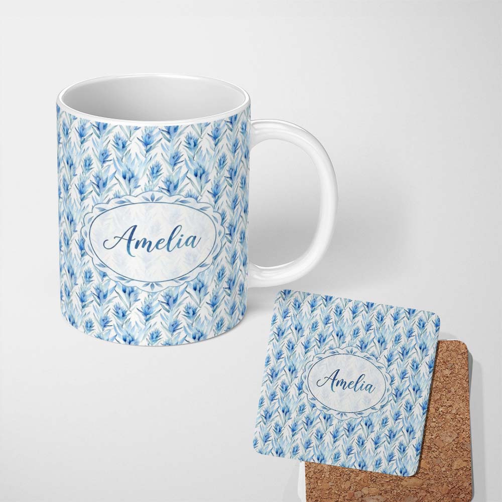 Personalized Custom Name Soft Blue Botanical Watercolor Leaf Seamless Pattern Lovely 11oz Ceramic Coffee Tea Mug White Large Handle