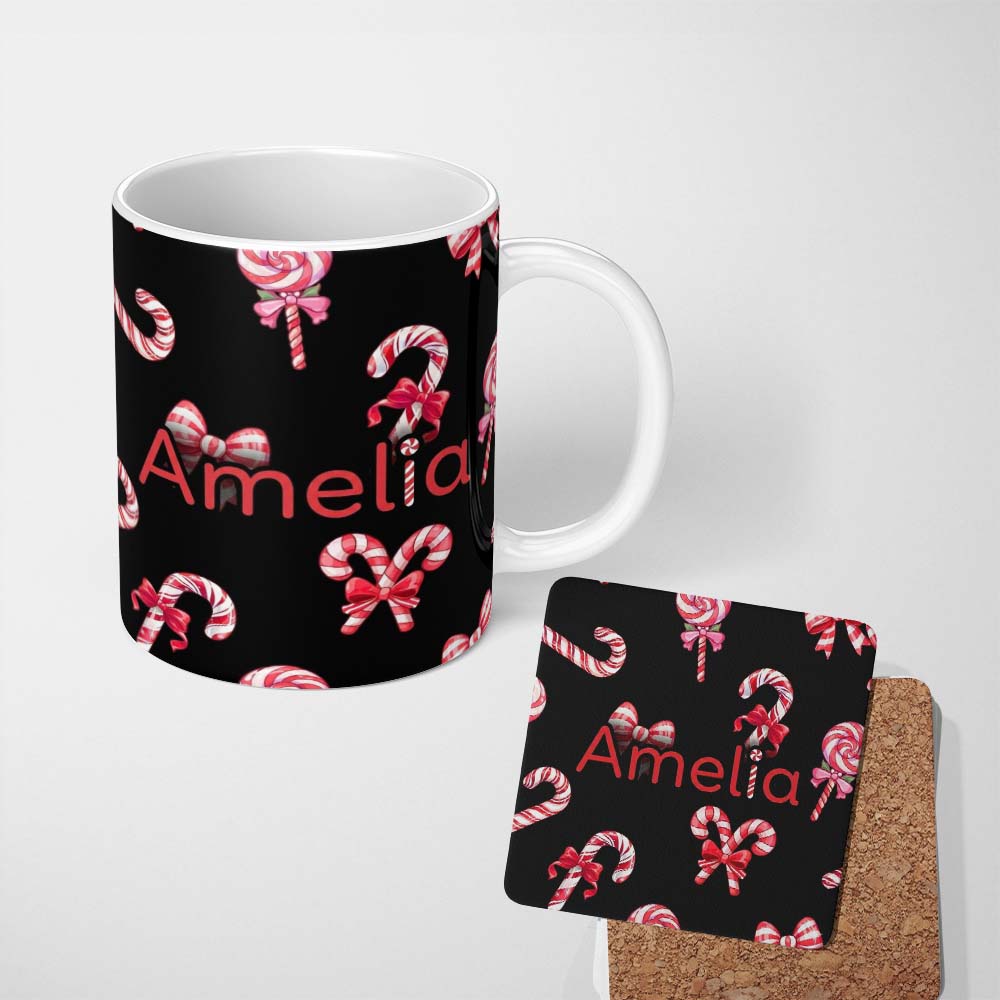 Personalized Custom Name Cute Christmas Candy Cane Ribbon Bow Black Background Seamless 11oz Ceramic Coffee Tea Mug White Large Handle