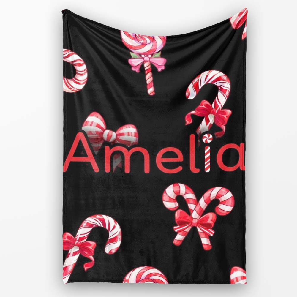 Cute Christmas Candy Cane Ribbon Bow Black Background Seamless Personalised Custom Name Super Soft Fleece Blanket Bed Sofa Throw