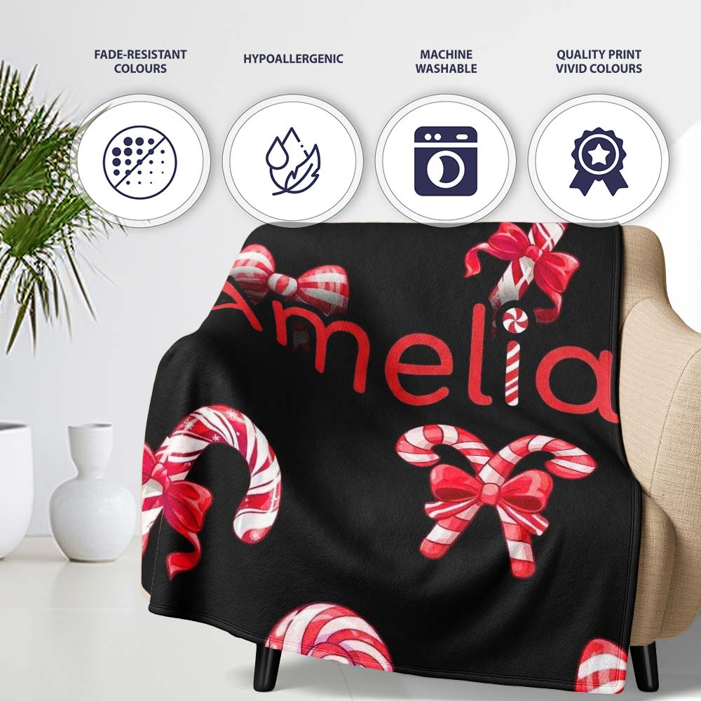 Cute Christmas Candy Cane Ribbon Bow Black Background Seamless Personalised Custom Name Super Soft Fleece Blanket Bed Sofa Throw