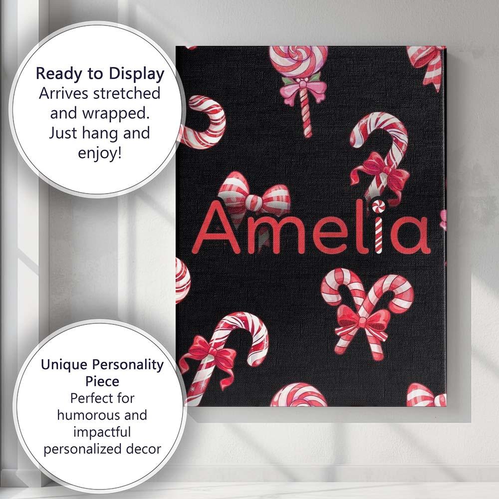 Personalised Name Cute Christmas Candy Cane Custom Bespoke Interior Contemporary Canvas Wall Art Print Decor Picture Ready to Hang