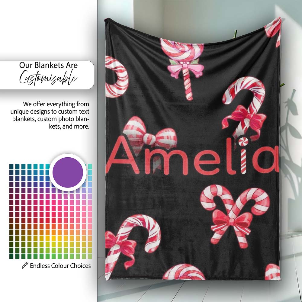 Cute Christmas Candy Cane Ribbon Bow Black Background Seamless Personalised Custom Name Super Soft Fleece Blanket Bed Sofa Throw