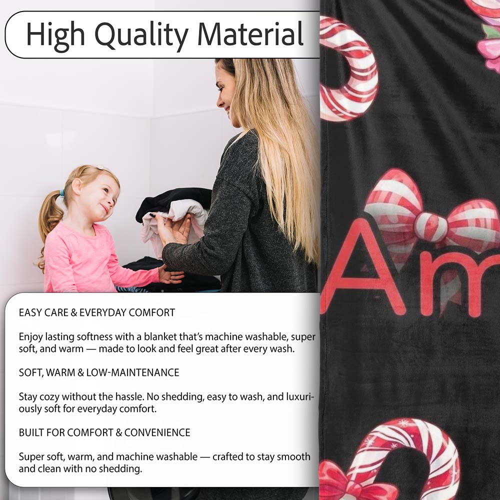 Cute Christmas Candy Cane Ribbon Bow Black Background Seamless Personalised Custom Name Super Soft Fleece Blanket Bed Sofa Throw