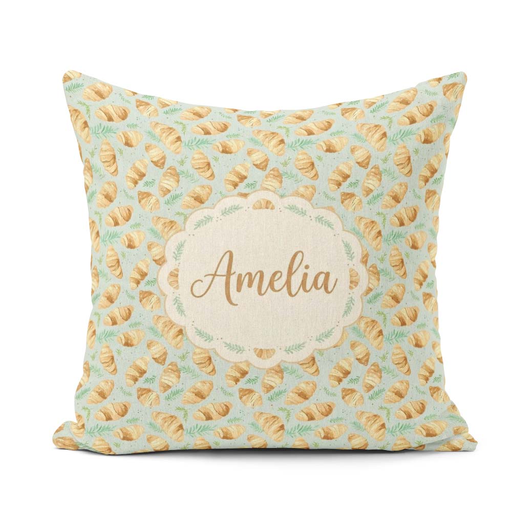 Custom Name Fresh Croissant and Botanical Light Seamless Pattern Square Filled Cushion Throw Pillow Sofa Bed Home Decor Zip Washable UK Made