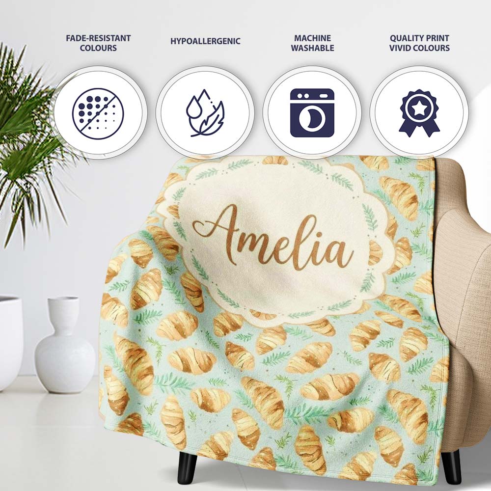 Fresh Croissant and Herb Botanical Light Background Seamless Pattern Personalised Custom Name Super Soft Fleece Blanket Bed Sofa Throw