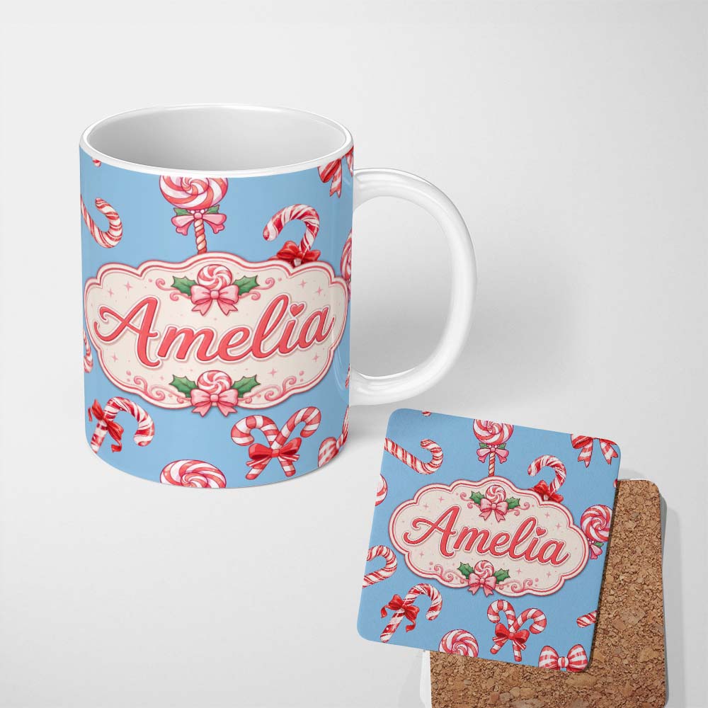 Personalized Custom Name Cute Christmas Candy Cane Ribbon Bow Light Blue Seamless Pattern 11oz Ceramic Coffee Tea Mug White Large Handle