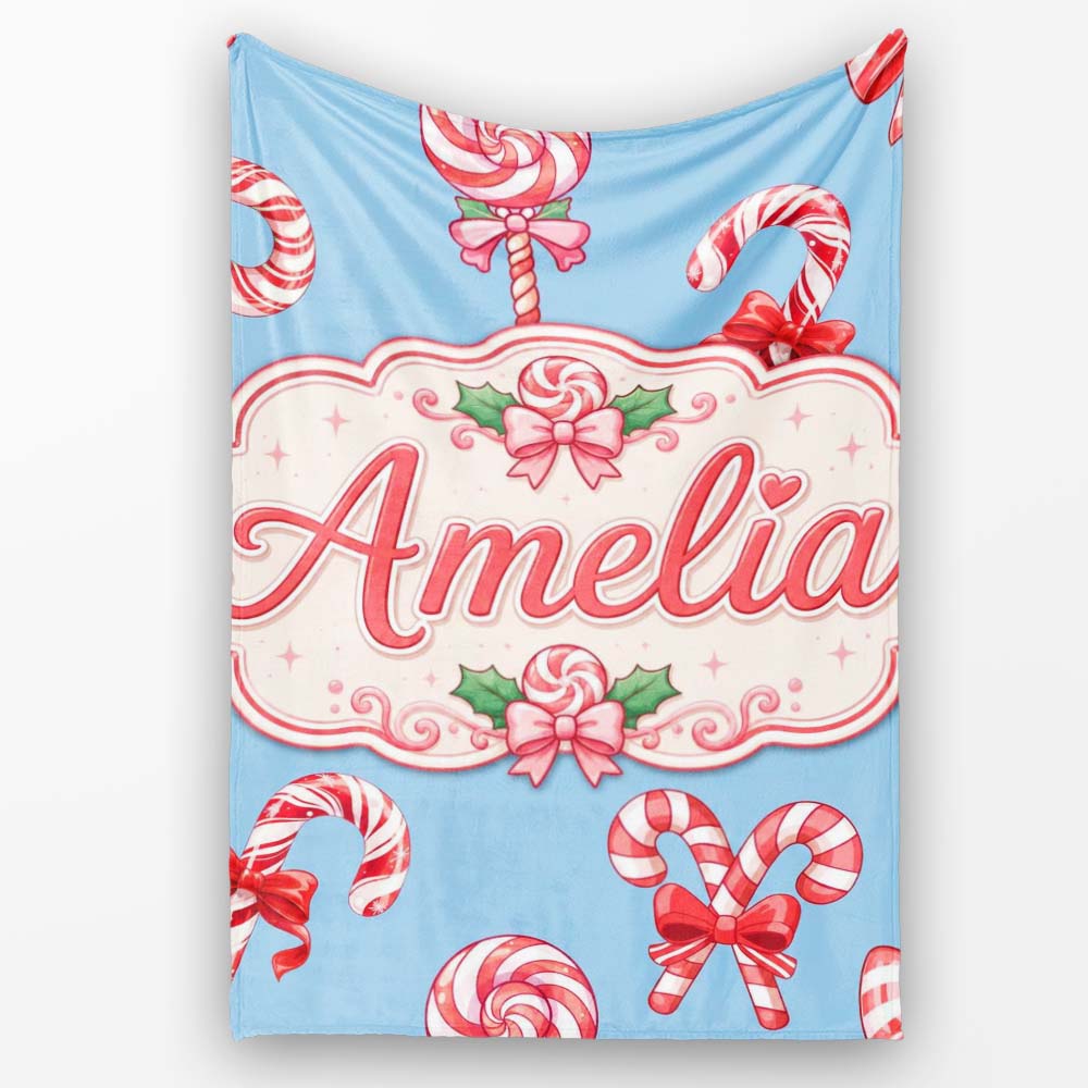 Cute Christmas Candy Cane Ribbon Bow Light Blue Seamless Pattern Personalised Custom Name Super Soft Fleece Blanket Bed Sofa Throw