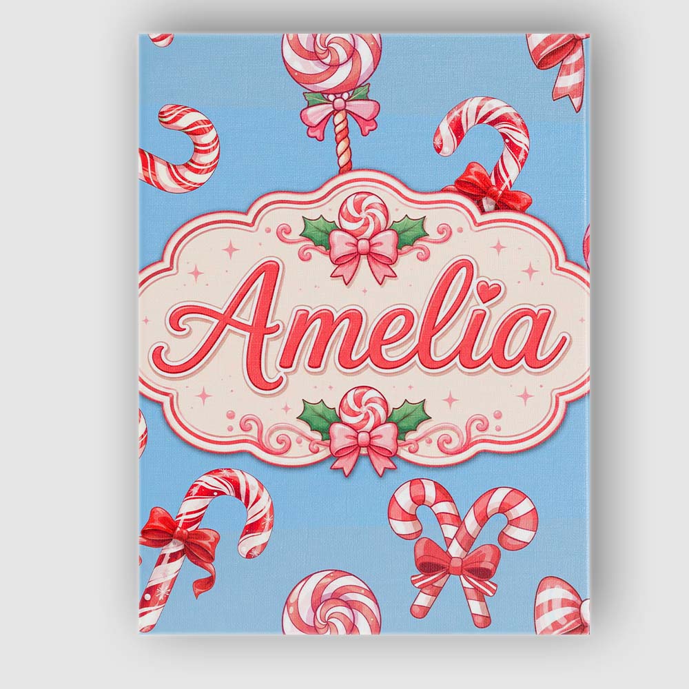 Personalised Name Cute Christmas Candy Cane Custom Bespoke Interior Contemporary Canvas Wall Art Print Decor Picture Ready to Hang