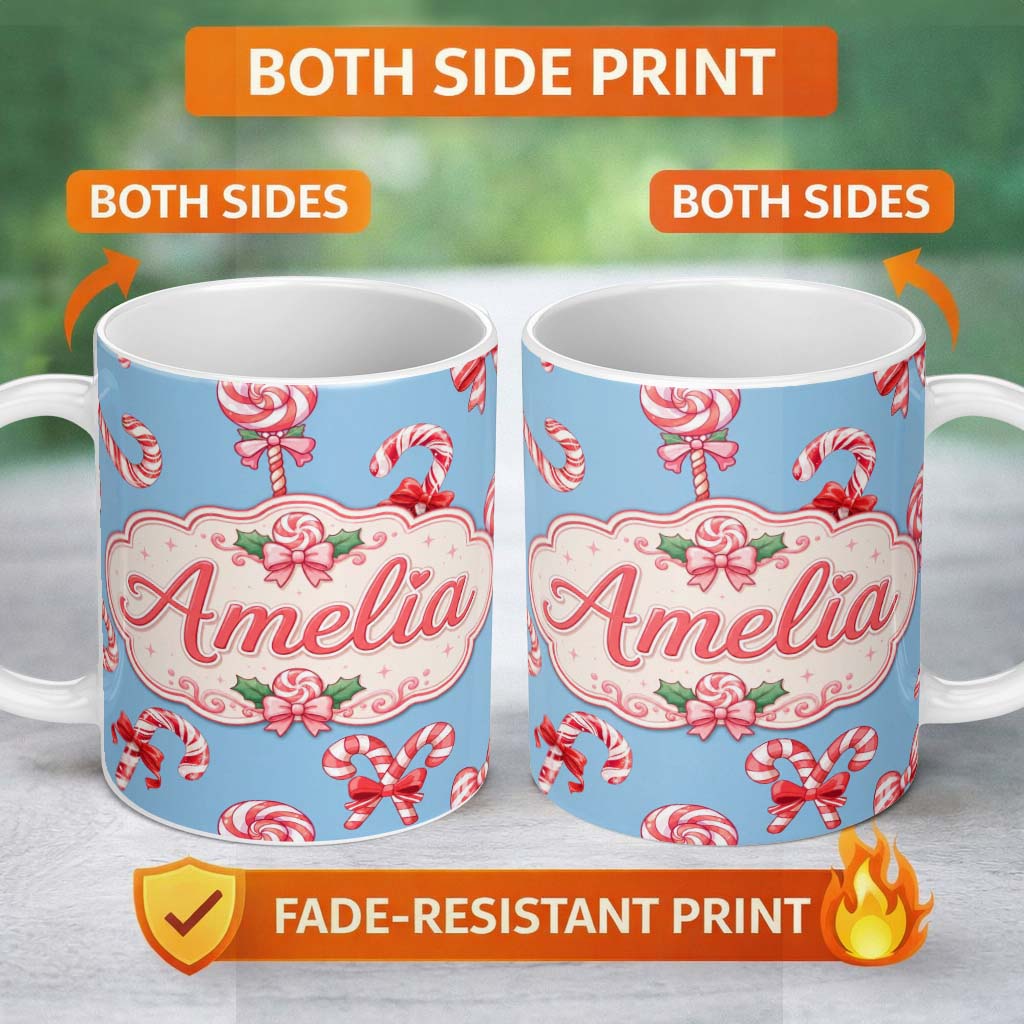 Personalized Custom Name Cute Christmas Candy Cane Ribbon Bow Light Blue Seamless Pattern 11oz Ceramic Coffee Tea Mug White Large Handle