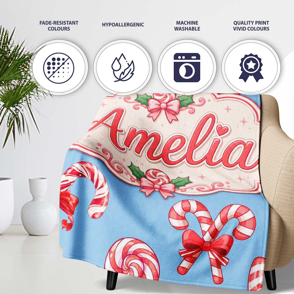 Cute Christmas Candy Cane Ribbon Bow Light Blue Seamless Pattern Personalised Custom Name Super Soft Fleece Blanket Bed Sofa Throw