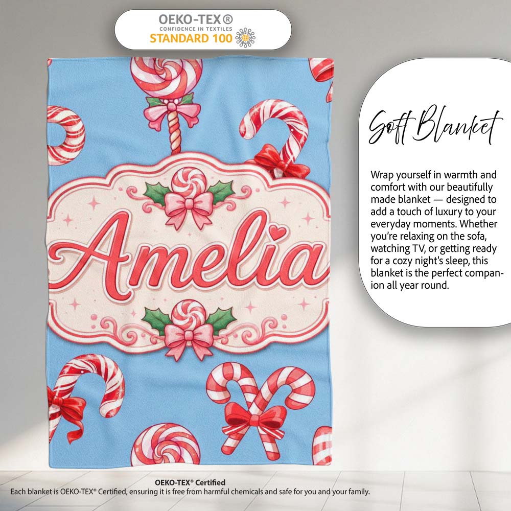Cute Christmas Candy Cane Ribbon Bow Light Blue Seamless Pattern Personalised Custom Name Super Soft Fleece Blanket Bed Sofa Throw