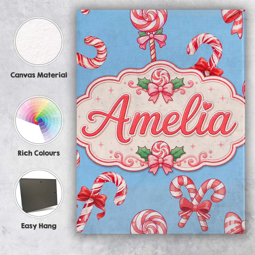 Personalised Name Cute Christmas Candy Cane Custom Bespoke Interior Contemporary Canvas Wall Art Print Decor Picture Ready to Hang